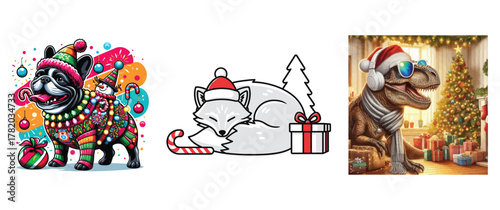 Cheerful french bulldog in festive christmas lights and hat