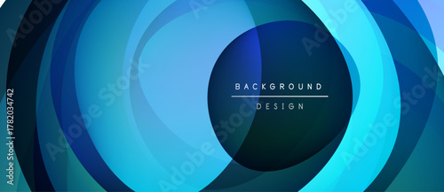 Abstract blue layers create circular pattern. Modern design features text, background design, within central shape. Minimalist aesthetic.