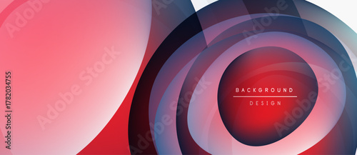 Abstract design features overlapping circles, gradients. Red, blue hues dominate composition. Modern aesthetic, dynamic visual impact.