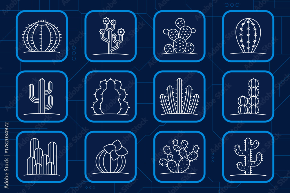 Fototapeta premium Cactus set icon. Desert plants, prickly, saguaro, flower, thorn, succulent, landscape, nature, botany, tropical flora collection.