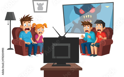 Cartoon family watching scary movie, horror reaction at home, kids and adults frightened, monster on TV, living room entertainment scene