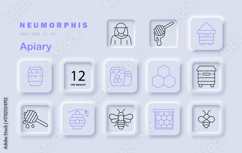 Apiary set icon. Depicts honey jar, honey dipper, beekeeper, hive, bees, hexagons, honeycomb, dripping, flowers, container, swarm box, number badge