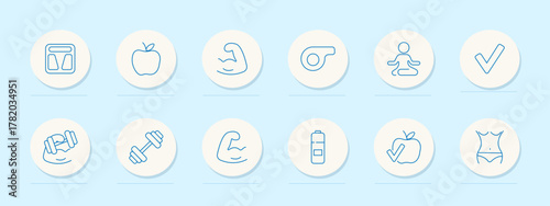 Fitness set icon. Scale, apple, biceps, whistle, yoga, check, dumbbell, hydration, slim, training, muscle. Health, workout, sport, balance, nutrition, goal, strong, body, energy, gym.