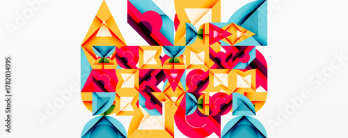 Abstract geometric shapes overlap, creating vibrant colorful pattern. Bold reds, yellows, blues dominate composition. Clean lines define forms.