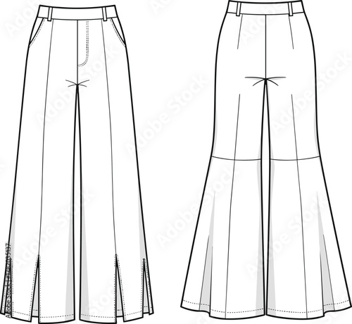 Wide leg pants technical fashion illustration, front and back view garment sketch with flared panel seam detail, cad drawing flat vector illustration