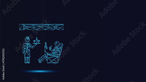 Digital Vector Illustration of Luxury Lounge Experience with Waiter Serving Drinks to a Guest in a Modern Geometric Design on Dark Blue Background- 150 Characters