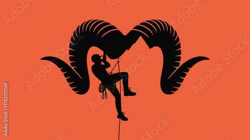 Dynamic silhouette of a climber ascending a mountain framed by majestic ram horns against a vibrant orange backdrop for motivational designs