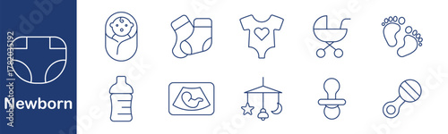 Newborn set icon. Diaper, baby, socks, bodysuit, stroller, feet, bottle, ultrasound, mobile, pacifier, rattle. Infant, child, care, toy, motherhood, tiny, soft, essentials, birth, family.