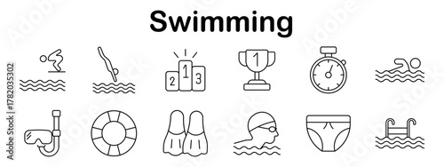 Swimming set icon. Swimmer, diving, goggles, snorkel, stopwatch, flippers, podium, trophy, swimwear, lifebuoy, ladder, water waves in minimal outline style