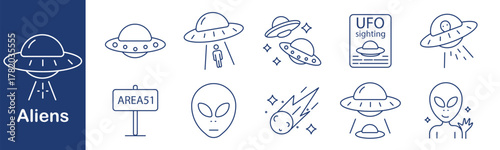 Aliens set icon. UFO, abduction, alien, sign, meteor, stars, poster, saucer, encounter, sparkle, beam. Space, mystery, science, unknown, fantasy, area51, sci-fi, flying, cosmic, fiction.