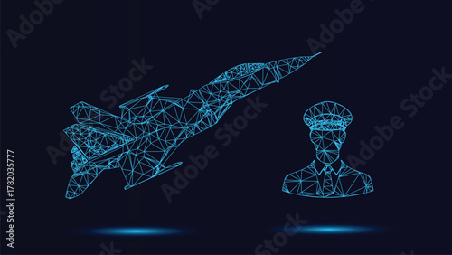 Geometric Wireframe Jet Fighter and Pilot Vector Illustration - Modern Polygonal Airplane and Aviator Design for Technology and Aviation Concepts Blue on Dark Background