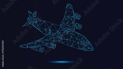 Modern Airplane Wireframe Illustration On Dark Blue Background - Geometric Plane Design Abstract Flight Concept Aerodynamic Shape Futuristic Aviation Art