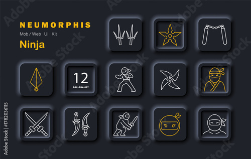 Ninja set icon. Includes throwing star, mask, nunchaku, twin swords, curved blade, ninja in pose, emblem, hand guard, dagger, costume, duel, face mask