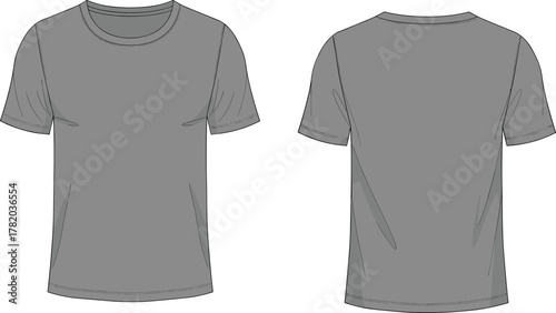 Plain gray short sleeve t shirt front and back view, fashion flat sketch, apparel template, clothing design, cad drawing flat vector illustration