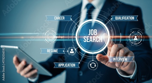 Job Search HUD — JOB SEARCH Badge with Resume, Application, Interview and Career Labels