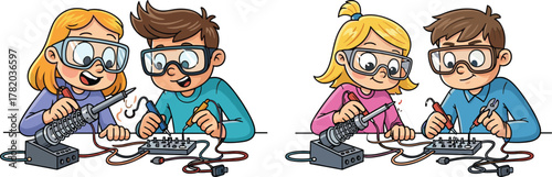 Children soldering electronics, STEM activity, circuit board experiment, teamwork in engineering, safety goggles, cartoon illustration, hands-on learning, science education,
