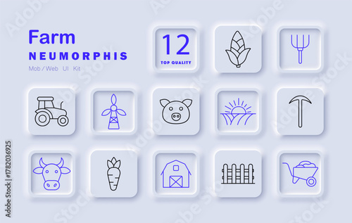 Farm set icon. Tractor, pig, cow, carrot, corn, barn, windmill, fence, wheelbarrow, sunrise, pitchfork, tree rural life with animals, crops, tools, machinery, land, natural products.