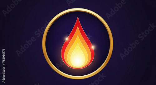 A fiery emblem glows with vibrant colors, encased in a golden circle, radiating warmth and energy on a dark blue backdrop