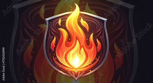A stylized shield emblem bursts with fiery energy, its flames dancing within a decorative frame, casting a warm glow on a dark background