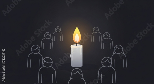 A candle burns brightly in the darkness, surrounded by a circle of people, symbolizing hope, unity, and the power of community