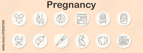 Pregnancy set icon. Onesie, belly, embryo, calendar, woman, swaddle, stroller, test, couple, scan, diaper. Motherhood, baby, birth, expecting, female, health, care, parent, maternity, life.