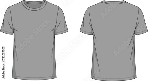 Plain gray short sleeve t shirt front and back technical sketch, fashion flat drawing, apparel template, clothing design, 