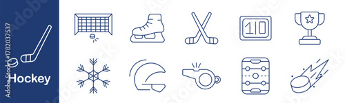 Hockey set icon. Stick, puck, net, skates, scoreboard, trophy, snowflake, helmet, whistle, rink, shot. Ice, sport, winter, game, team, fast, player, cold, competition, goal.