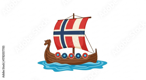 Illustration of a viking ship with a sail in the colors of the norwegian flag, sailing on blue waves