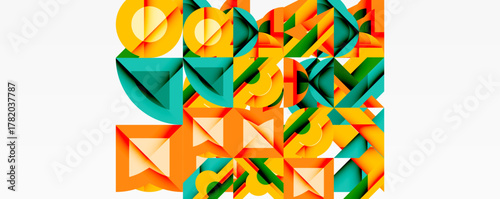 Abstract geometric shapes overlap, creating vibrant colorful pattern. Orange, green, yellow hues dominate composition. Modern design.