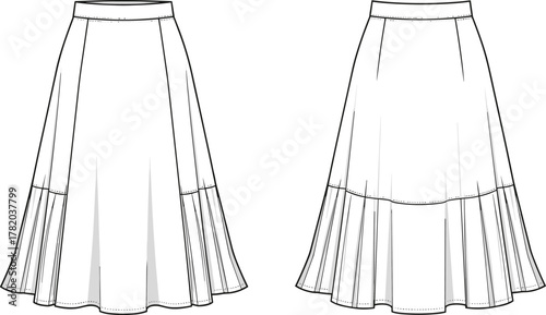 Flared skirt technical fashion illustration, CAD drawing flat vector, garment construction sketch with panels, pleated design, waistband detail, apparel template