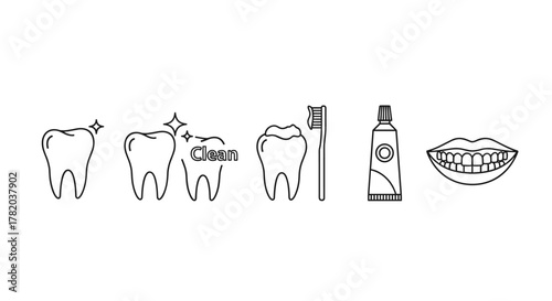 Set of clean tooth icons with sparkles, toothbrush and toothpaste tube, and a smiling mouth with healthy teeth, representing dental hygiene and oral care, perfect for graphic and web design, apps