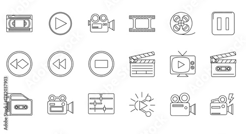 Collection of video tape-related line icons, featuring outline signs for graphic and web design, apps, adverts, various cards, and vector cartoon illustrations. Includes VHS tapes, play buttons