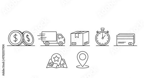 Minimalistic thin line icon set for web and graphic design, apps, banners, social networks, and cards, featuring coins, a delivery truck, a package, a stopwatch, credit cards, a map with a star pin