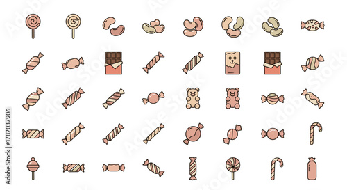 Assortment of Sweet Treats and Candies in a Simple Icon Collection, Featuring Lollipops, Wrapped Candies, Chocolate Bars, Gummy Bears, and Candy Canes, Perfect for Infographics, Articles, Books