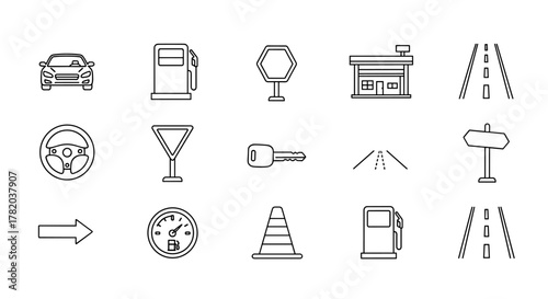 A versatile collection of line icons representing car-related elements, including a car, gas station, road signs, steering wheel, key, fuel gauge, traffic cone, and highway. This bundle is perfect