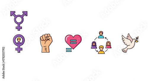 Collection of vibrant, flat design vector icons representing gender equality, feminism, solidarity, and peace, including transgender symbol, female symbol with person, raised fist, heart with equals