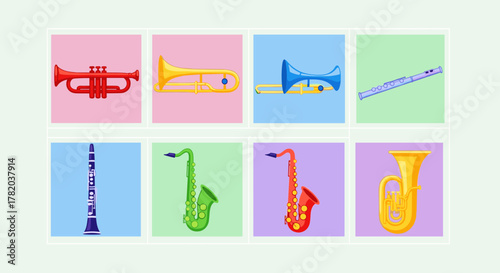 Vibrant collection of flat vector mini-illustrations featuring colorful wind instruments, perfect for children's educational materials and playful designs. This grid showcases a trumpet, trombone