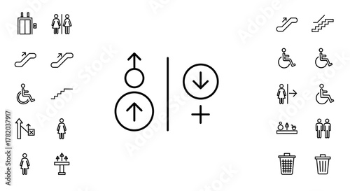 A comprehensive collection of black and white line icons representing various public facility symbols, including elevators, escalators, stairs, accessible entrances, male and female restroom signs