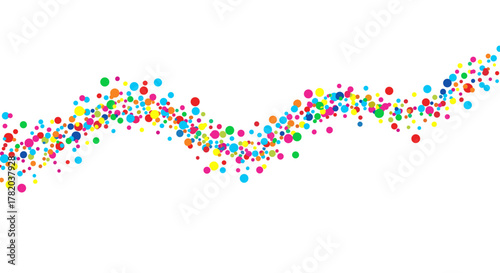 Vibrant and festive abstract background featuring a flowing wave of colorful confetti dots in various sizes and shades of red, blue, green, yellow, and pink against a clean white backdrop, perfect