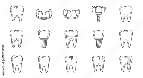 Collection of minimalistic thin line icons representing various dental elements including healthy teeth, cracked teeth, teeth with crowns, dental implants, and bridges, perfect for web, graphic