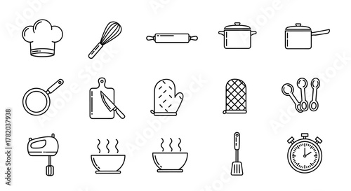 A comprehensive collection of line-style cooking icons, featuring essential kitchen tools and equipment like a chef's hat, whisk, rolling pin, pots, pans, cutting board, knife, oven mitts, measuring