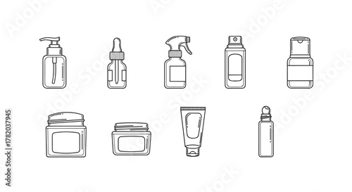 Collection of cosmetic and skincare product containers in outline style, featuring pump bottles, dropper bottles, spray bottles, roll-on bottles, jars, and tubes, perfect for graphic design, web