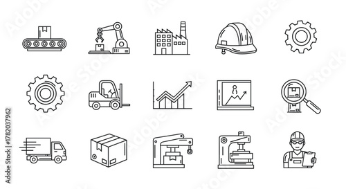 Industrial factory line icon set, featuring a conveyor belt, robotic arm, factory building, hard hat, gear, forklift, growth chart, laptop with analytics, magnifying glass over boxes, delivery truck