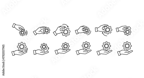 Set of line icons depicting hands interacting with gears, illustrating concepts of mechanics, engineering, process, and workflow. These icons are isolated on a white background, perfect for graphic