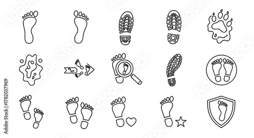 Collection of outline footprint icons for graphic and web design, apps, adverts, and various cards. This vector cartoon illustration features diverse footprints, including human and animal tracks