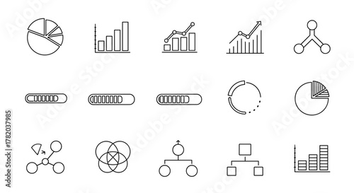 Vector icon collection of various business and data visualization elements, including pie charts, bar graphs, progress bars, flowcharts, and network diagrams, perfect for infographics, presentations