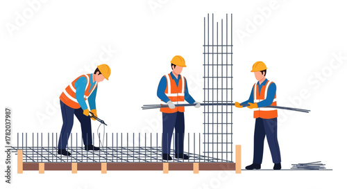 Three construction workers in safety gear assemble a rebar structure on a building site