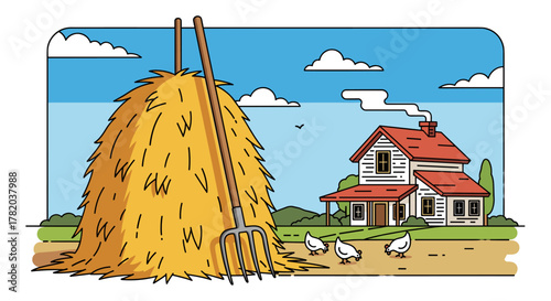 Charming vector illustration of a rustic farmhouse scene, featuring a large, golden hay bale with a pitchfork leaning against it, set against a bright blue sky with fluffy white clouds, and a cozy