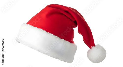 Red santa hat with white fur trim and pompom, isolated on transparent background