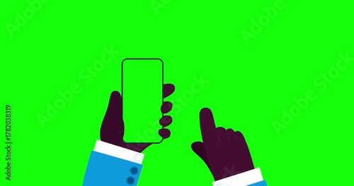 Brown body moving hands scroll horizontal phone greenbox. Cartoon animated businessman moving character for finger scroll gsm phone green screen. Business explainer flat design people movie video.